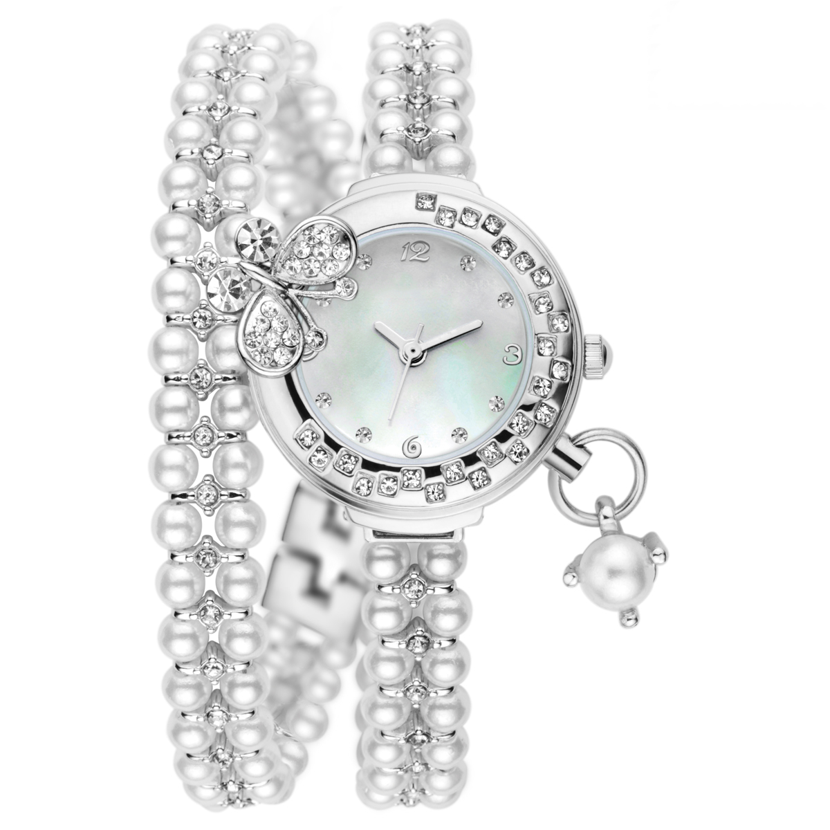 #2505 Lady's Wristwatch, Charming Bangle Bracelet Watch White Silver Plated Pearls with a 3D Butterfly on It #2505 - pearl color