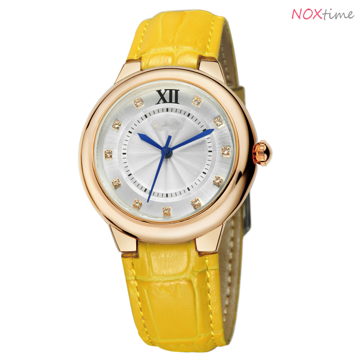 #2526 Women's Elegant PU Leather Band Rhinestone Dial Gold Case Quartz Wrist Watches - yellow